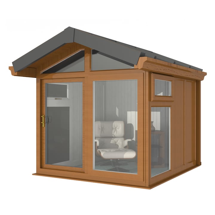 This Nordic Aspen Apex is the 2.4m x 2.6m model in optional Golden Oak finish. 

The Aspen Apex features a large sliding door to the front with full length windows on each end, positioned to the front of the building. Each window also includes an opening vent.