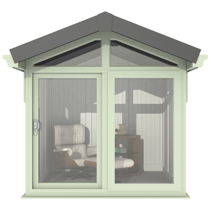This Nordic Aspen Apex is the 2.4m x 2.6m model in optional Chartwell Green finish. 

The Aspen Apex features a large sliding door to the front with full length windows on each end, positioned to the front of the building. Each window also includes an opening vent.