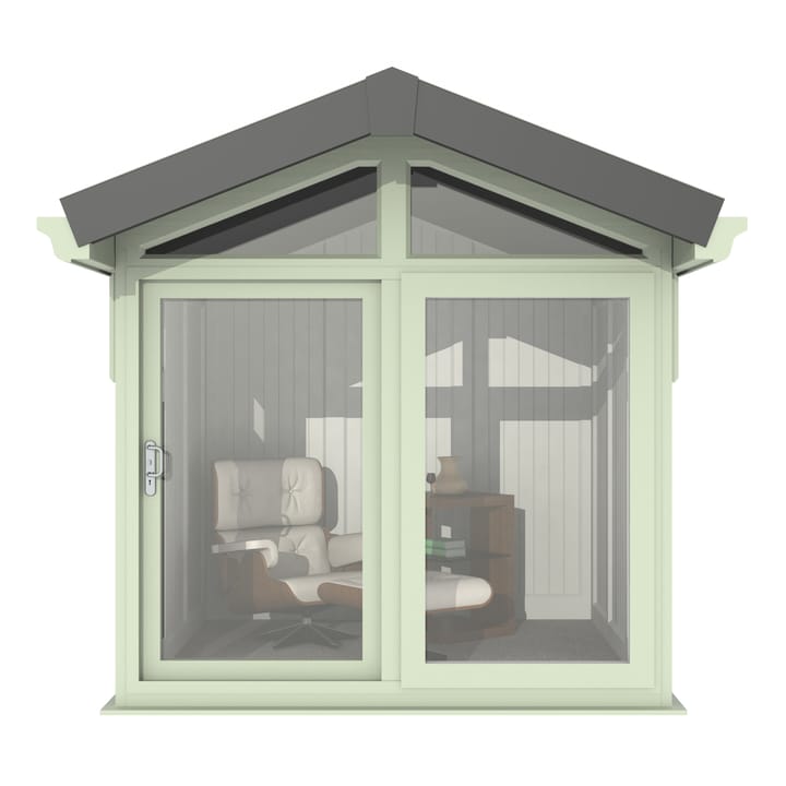 This Nordic Aspen Apex Ultimate Package is the 2.4m x 2.6m model in optional Chartwell Green finish. 

The Aspen Apex features a large sliding door to the front with full length windows on each end, positioned to the front of the building. Each window also includes an opening vent.

The Ultimate Package includes Vinyl Flooring, Leka Slate Effect roof tiles and a concrete base.