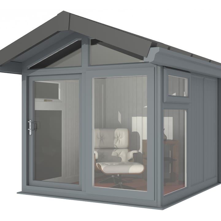 This Nordic Aspen Apex is the 2.4m x 2.6m model in optional Grey finish. 

The Aspen Apex features a large sliding door to the front with full length windows on each end, positioned to the front of the building. Each window also includes an opening vent.