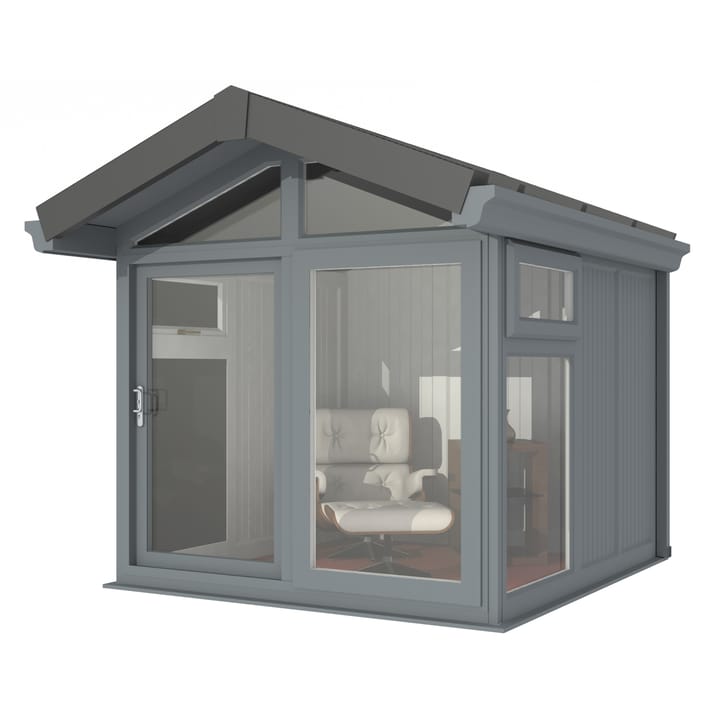 This Nordic Aspen Apex Ultimate Package is the 2.4m x 2.6m model in optional Grey finish. 

The Aspen Apex features a large sliding door to the front with full length windows on each end, positioned to the front of the building. Each window also includes an opening vent.

The Ultimate Package includes Vinyl Flooring, Leka Slate Effect roof tiles and a concrete base.