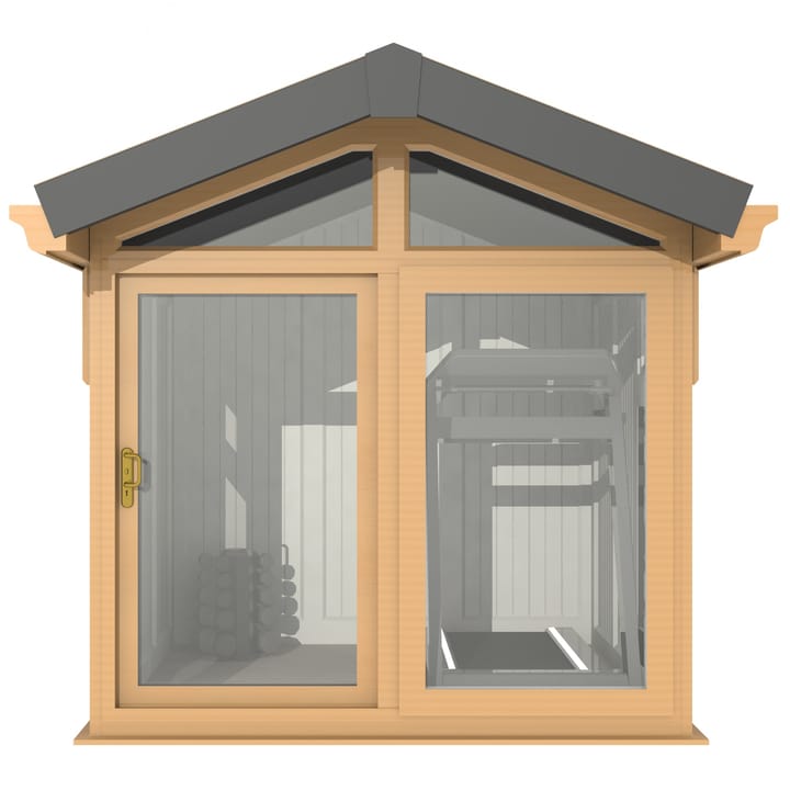 This Nordic Aspen Apex is the 2.4m x 2.6m model in optional Irish Oak finish. 

The Aspen Apex features a large sliding door to the front with full length windows on each end, positioned to the front of the building. Each window also includes an opening vent.