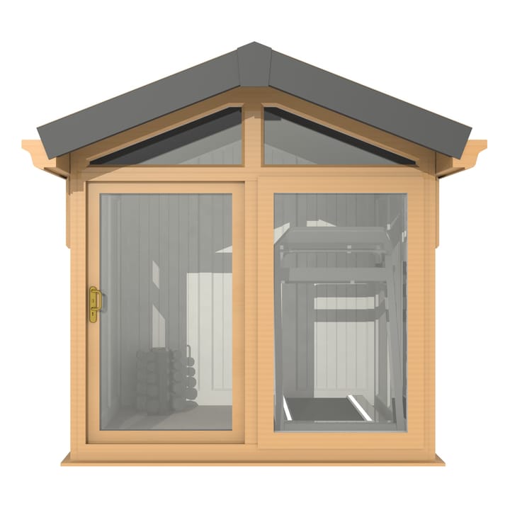 This Nordic Aspen Apex is the 2.4m x 2.6m model in optional Irish Oak finish. 

The Aspen Apex features a large sliding door to the front with full length windows on each end, positioned to the front of the building. Each window also includes an opening vent.