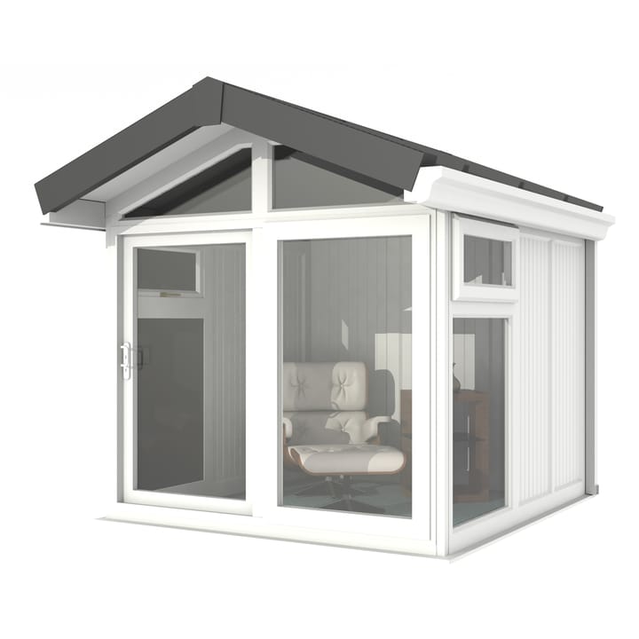 This Nordic Aspen Apex is the 2.4m x 2.6m model in optional White finish. 

The Aspen Apex features a large sliding door to the front with full length windows on each end, positioned to the front of the building. Each window also includes an opening vent.