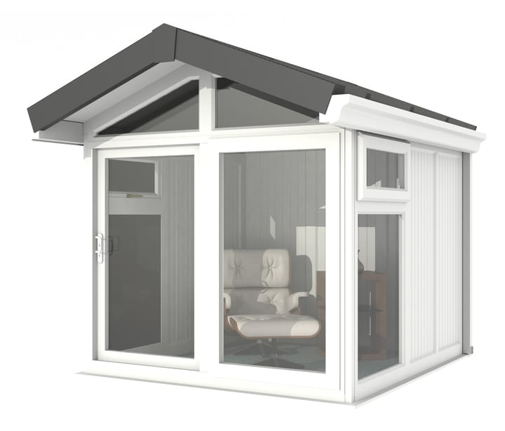 This Nordic Aspen Apex is the 2.4m x 2.6m model in optional White finish. 

The Aspen Apex features a large sliding door to the front with full length windows on each end, positioned to the front of the building. Each window also includes an opening vent.