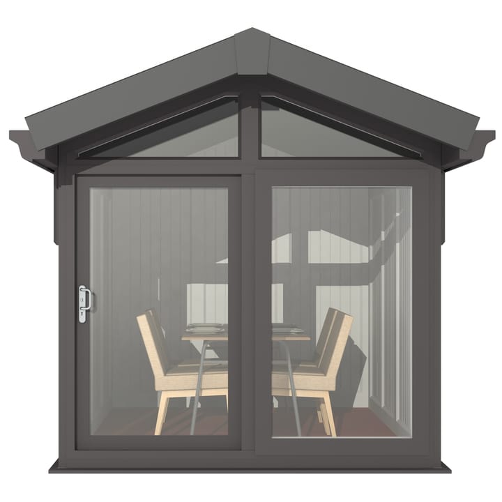 This Nordic Aspen Apex is the 2.4m x 3m model in optional Black finish. 

The Aspen Apex features a large sliding door to the front with full length windows on each end, positioned to the front of the building. Each window also includes an opening vent.