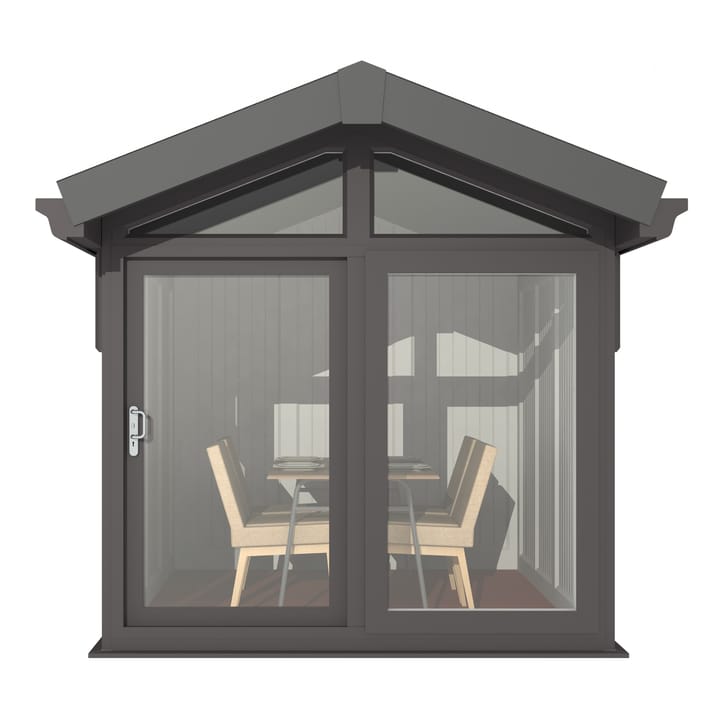 This Nordic Aspen Apex Ultimate Package is the 2.4m x 3m model in optional Black finish. 

The Aspen Apex features a large sliding door to the front with full length windows on each end, positioned to the front of the building. Each window also includes an opening vent.

The Ultimate Package includes Vinyl Flooring, Leka Slate Effect roof tiles and a concrete base.