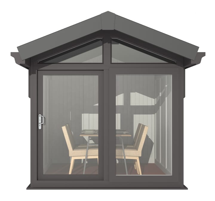 This Nordic Aspen Apex is the 2.4m x 3m model in optional Black finish. 

The Aspen Apex features a large sliding door to the front with full length windows on each end, positioned to the front of the building. Each window also includes an opening vent.