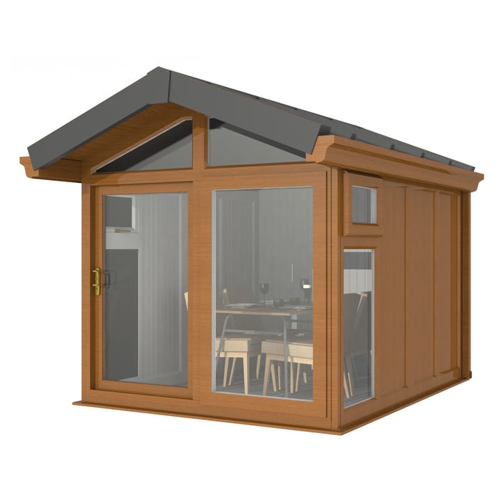 This Nordic Aspen Apex is the 2.4m x 3m model in optional Golden Oak finish. 

The Aspen Apex features a large sliding door to the front with full length windows on each end, positioned to the front of the building. Each window also includes an opening vent.