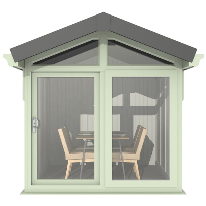 This Nordic Aspen Apex is the 2.4m x 3m model in optional Chartwell Green finish. 

The Aspen Apex features a large sliding door to the front with full length windows on each end, positioned to the front of the building. Each window also includes an opening vent.
