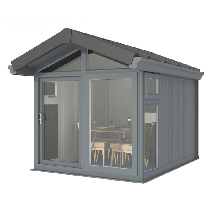 This Nordic Aspen Apex is the 2.4m x 3m model in optional Grey finish. 

The Aspen Apex features a large sliding door to the front with full length windows on each end, positioned to the front of the building. Each window also includes an opening vent.