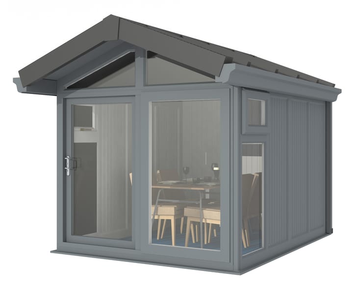This Nordic Aspen Apex is the 2.4m x 3m model in optional Grey finish. 

The Aspen Apex features a large sliding door to the front with full length windows on each end, positioned to the front of the building. Each window also includes an opening vent.