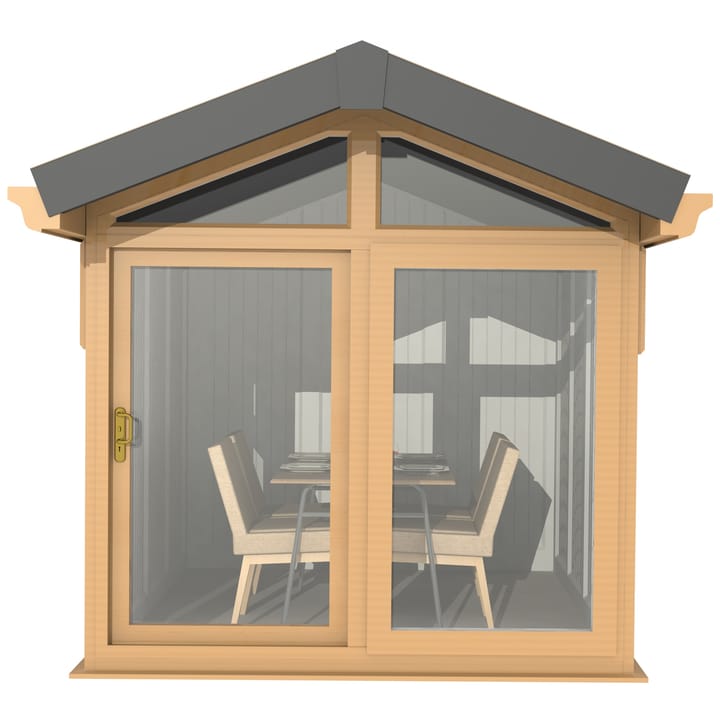 This Nordic Aspen Apex is the 2.4m x 3m model in optional Irish Oak finish. 

The Aspen Apex features a large sliding door to the front with full length windows on each end, positioned to the front of the building. Each window also includes an opening vent.