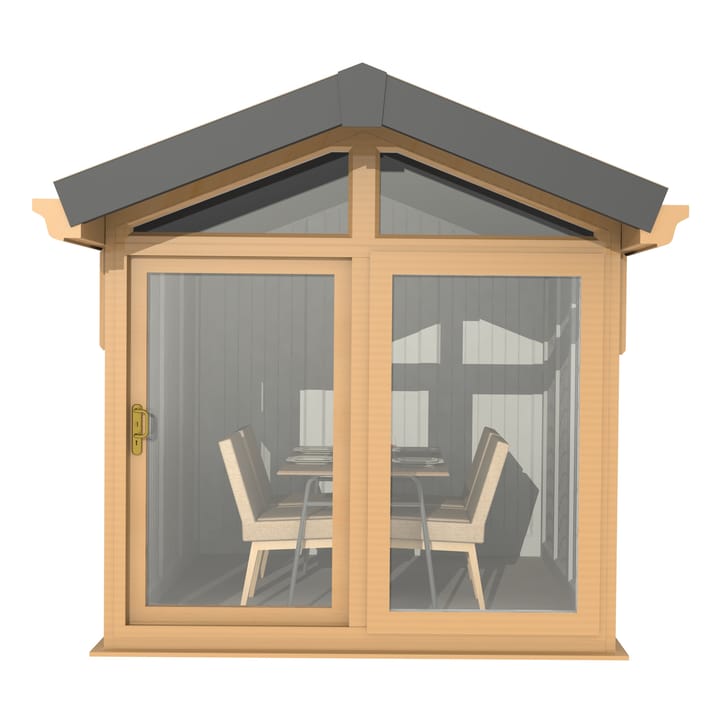 This Nordic Aspen Apex Ultimate Package is the 2.4m x 3m model in optional Irish Oak finish. 

The Aspen Apex features a large sliding door to the front with full length windows on each end, positioned to the front of the building. Each window also includes an opening vent.

The Ultimate Package includes Vinyl Flooring, Leka Slate Effect roof tiles and a concrete base.