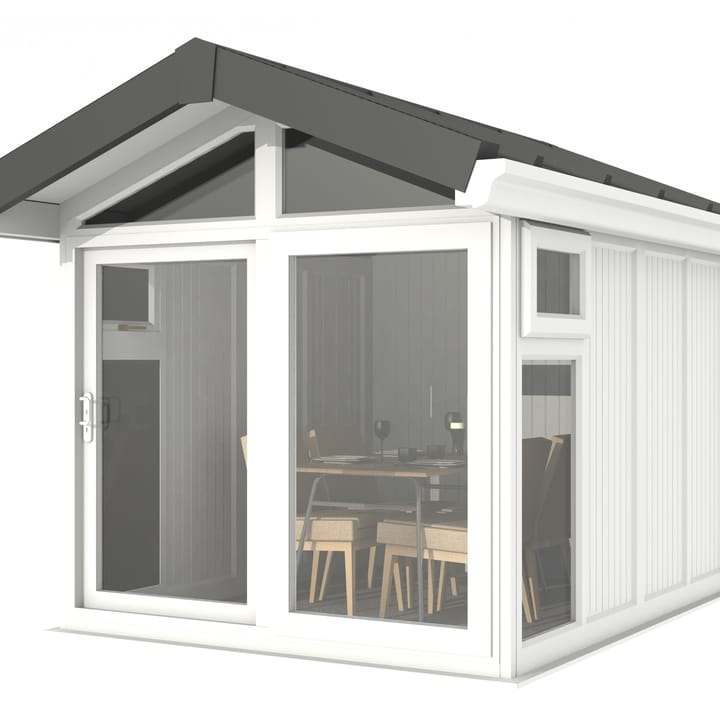 This Nordic Aspen Apex is the 2.4m x 3m model in optional White finish. 

The Aspen Apex features a large sliding door to the front with full length windows on each end, positioned to the front of the building. Each window also includes an opening vent.