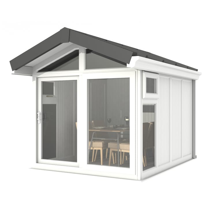 This Nordic Aspen Apex Ultimate Package is the 2.4m x 3m model in optional White finish. 

The Aspen Apex features a large sliding door to the front with full length windows on each end, positioned to the front of the building. Each window also includes an opening vent.

The Ultimate Package includes Vinyl Flooring, Leka Slate Effect roof tiles and a concrete base.