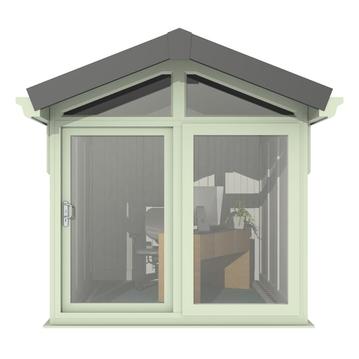 This Nordic Aspen Apex is the 2.4m x 3.4m model in optional Chartwell Green finish. 

The Aspen Apex features a large sliding door to the front with full length windows on each end, positioned to the front of the building. Each window also includes an opening vent.