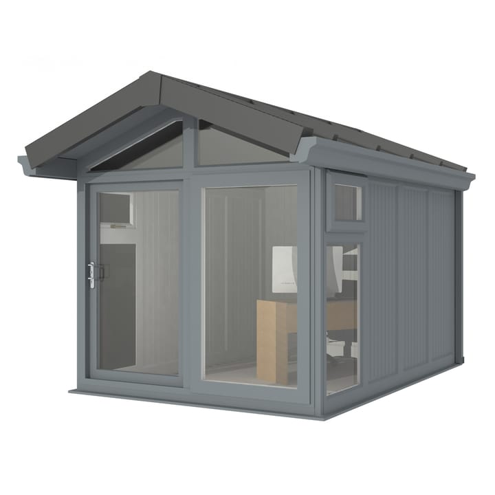 This Nordic Aspen Apex is the 2.4m x 3.4m model in optional Grey finish. 

The Aspen Apex features a large sliding door to the front with full length windows on each end, positioned to the front of the building. Each window also includes an opening vent.