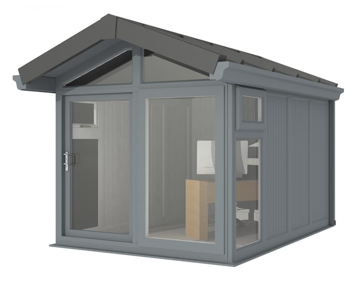 This Nordic Aspen Apex is the 2.4m x 3.4m model in optional Grey finish. 

The Aspen Apex features a large sliding door to the front with full length windows on each end, positioned to the front of the building. Each window also includes an opening vent.