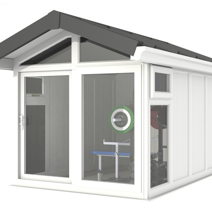 This Nordic Aspen Apex Ultimate Package is the 2.4m x 3.4m model in optional White finish. 

The Aspen Apex features a large sliding door to the front with full length windows on each end, positioned to the front of the building. Each window also includes an opening vent.

The Ultimate Package includes Vinyl Flooring, Leka Slate Effect roof tiles and a concrete base.