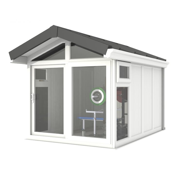 This Nordic Aspen Apex Ultimate Package is the 2.4m x 3.4m model in optional White finish. 

The Aspen Apex features a large sliding door to the front with full length windows on each end, positioned to the front of the building. Each window also includes an opening vent.

The Ultimate Package includes Vinyl Flooring, Leka Slate Effect roof tiles and a concrete base.