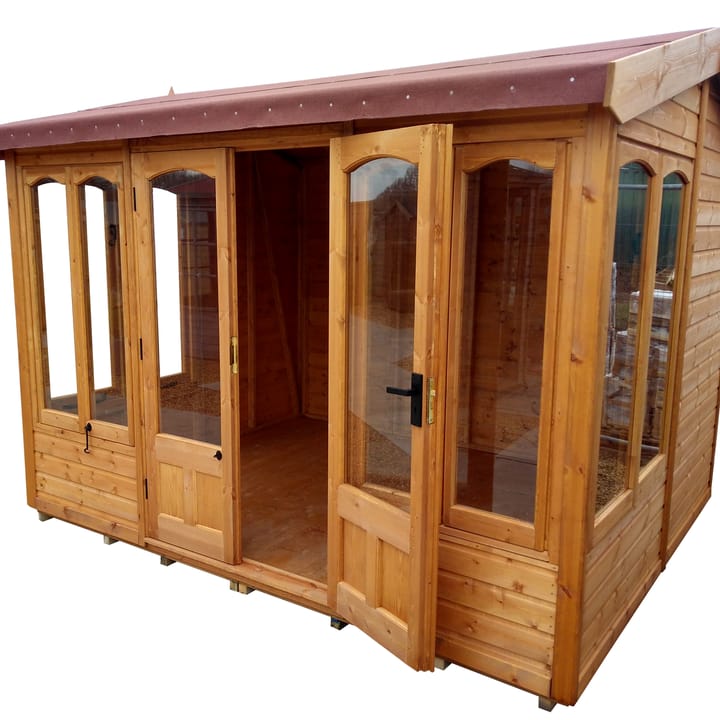 10ft x 8ft Malvern Astwood cottage summerhouse in Redwood cladding and red felt roof. 