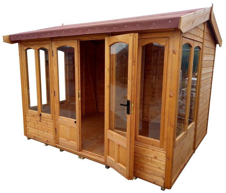 10ft x 8ft Malvern Astwood cottage summerhouse in Redwood cladding and red felt roof. 