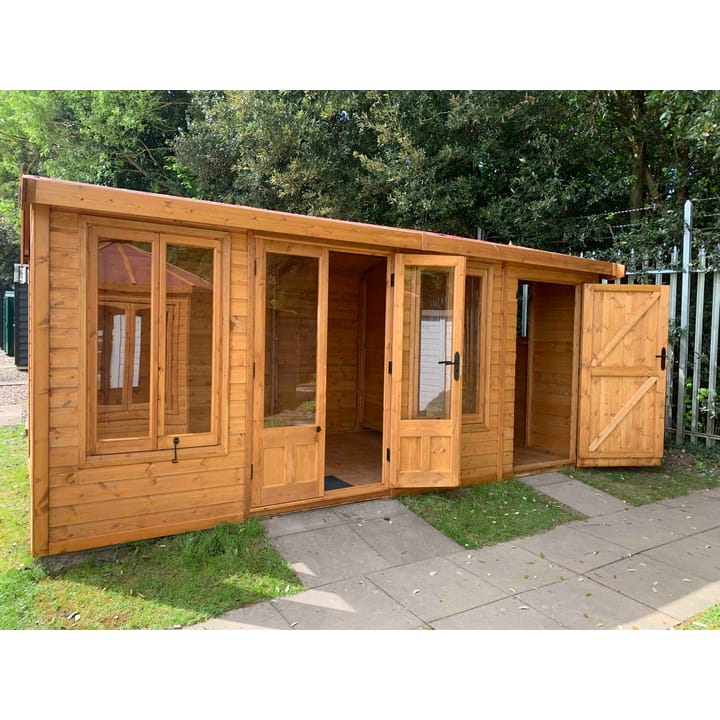 12x8 Astwood Summerhouse in Redwood with Square top windows and a 4ft Shed extension. 