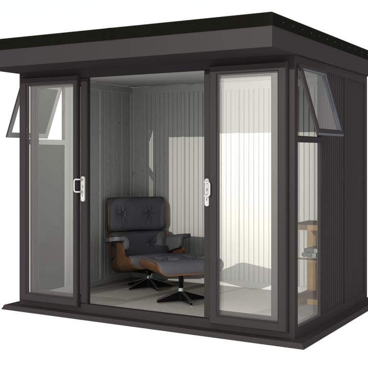 Nordic Broadway Flat 3m x 2.1m in Black.

The Broadway Flat includes large double sliding doors to the front. A glass to ground window with a top opening vent is positioned in each end, towards the front.