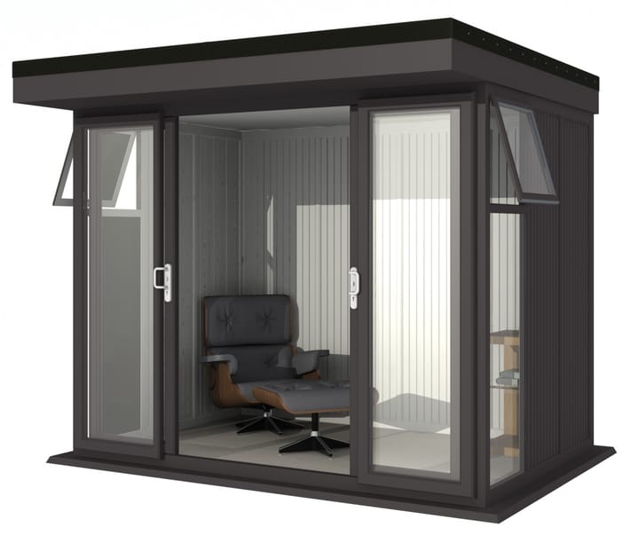 Nordic Broadway Flat Ultimate Package 3m x 2.1m in Black.

The Ultimate Package includes an insulated EPDM Leka Roof, Vinyl Flooring and a Concrete Base.

The Broadway Flat includes large double sliding doors to the front. A glass to ground window with a top opening vent is positioned in each end, towards the front.