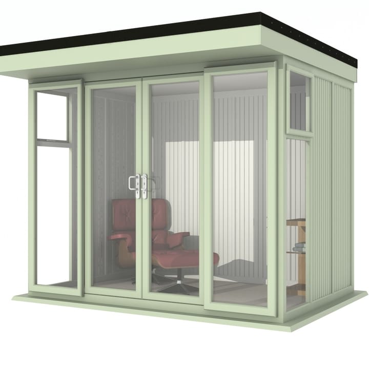 Nordic Broadway Flat 3m x 2.1m in Chartwell Green.

The Broadway Flat includes large double sliding doors to the front. A glass to ground window with a top opening vent is positioned in each end, towards the front.