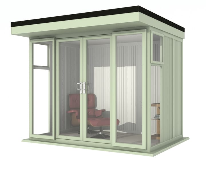 Nordic Broadway Flat 3m x 2.1m in Chartwell Green.

The Broadway Flat includes large double sliding doors to the front. A glass to ground window with a top opening vent is positioned in each end, towards the front.