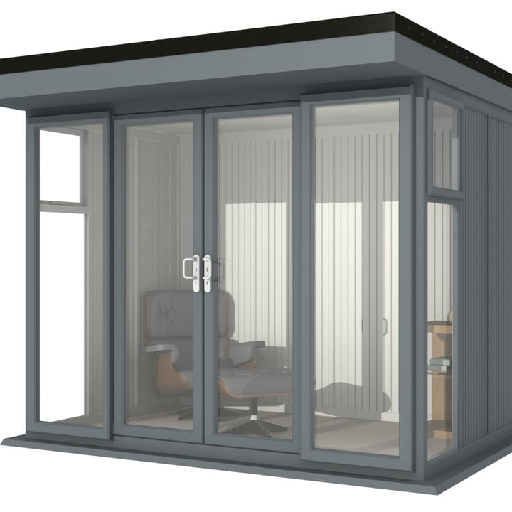 Nordic Broadway Flat 3m x 2.1m in Grey.

The Broadway Flat includes large double sliding doors to the front. A glass to ground window with a top opening vent is positioned in each end, towards the front.