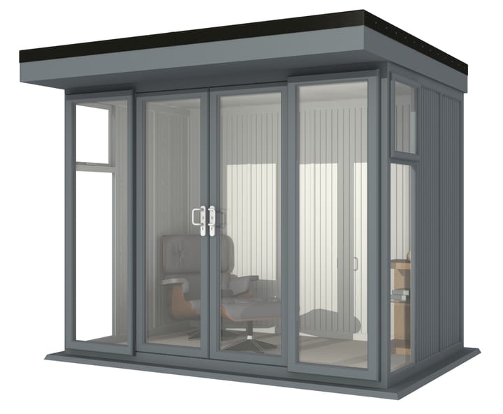 Nordic Broadway Flat Ultimate Package 3m x 2.1m in Grey.

The Ultimate Package includes an insulated EPDM Leka Roof, Vinyl Flooring and a Concrete Base.

The Broadway Flat includes large double sliding doors to the front. A glass to ground window with a top opening vent is positioned in each end, towards the front.