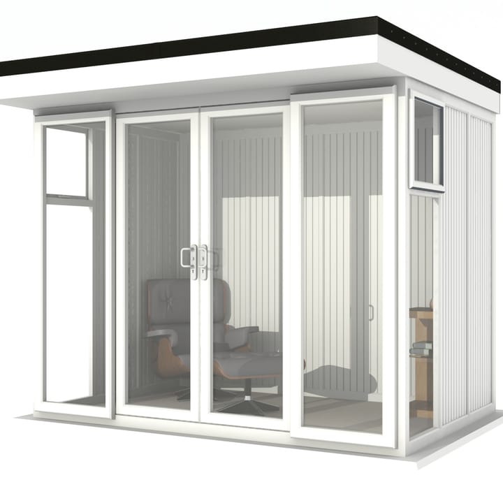 Nordic Broadway Flat 3m x 2.1m in White.

The Broadway Flat includes large double sliding doors to the front. A glass to ground window with a top opening vent is positioned in each end, towards the front.