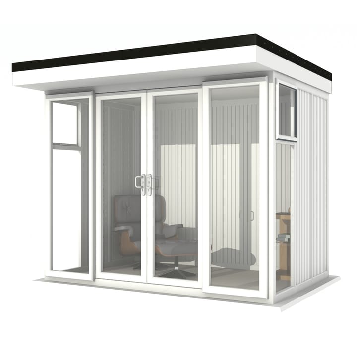 Nordic Broadway Flat 3m x 2.1m in White.

The Broadway Flat includes large double sliding doors to the front. A glass to ground window with a top opening vent is positioned in each end, towards the front.