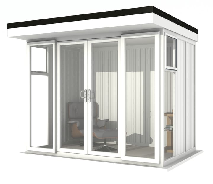 Nordic Broadway Flat Ultimate Package 3m x 2.1m in White.

The Ultimate Package includes an insulated EPDM Leka Roof, Vinyl Flooring and a Concrete Base.

The Broadway Flat includes large double sliding doors to the front. A glass to ground window with a top opening vent is positioned in each end, towards the front.