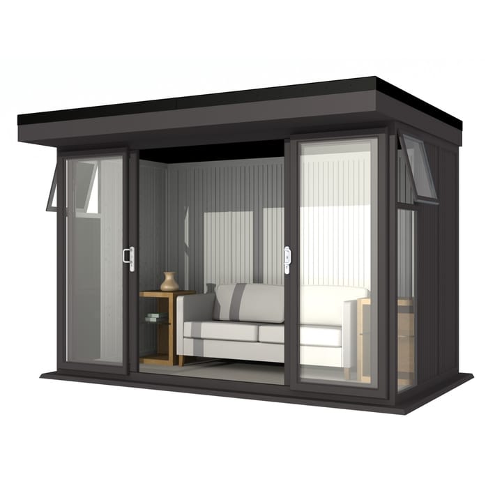 Nordic Broadway Flat 3.6m x 2.1m in Black.

The Broadway Flat includes large double sliding doors to the front. A glass to ground window with a top opening vent is positioned in each end, towards the front.