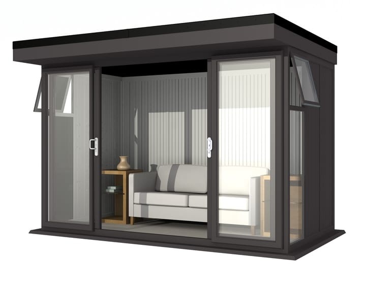 Nordic Broadway Flat 3.6m x 2.1m in Black.

The Broadway Flat includes large double sliding doors to the front. A glass to ground window with a top opening vent is positioned in each end, towards the front.