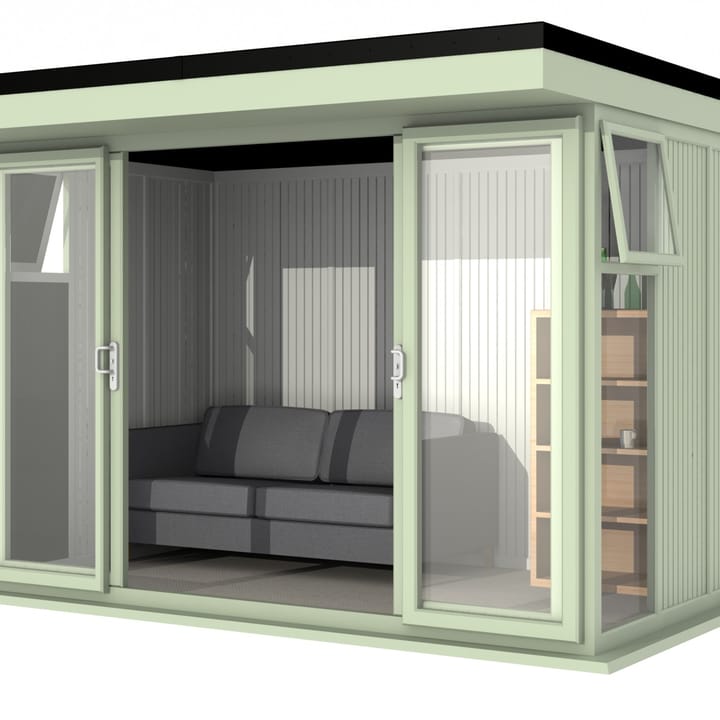 Nordic Broadway Flat 3.6m x 2.1m in Chartwell Green.

The Broadway Flat includes large double sliding doors to the front. A glass to ground window with a top opening vent is positioned in each end, towards the front.