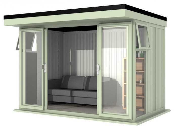 Nordic Broadway Flat 3.6m x 2.1m in Chartwell Green.

The Broadway Flat includes large double sliding doors to the front. A glass to ground window with a top opening vent is positioned in each end, towards the front.