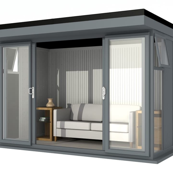 Nordic Broadway Flat 3.6m x 2.1m in Grey.

The Broadway Flat includes large double sliding doors to the front. A glass to ground window with a top opening vent is positioned in each end, towards the front.