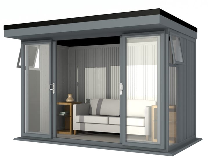 Nordic Broadway Flat 3.6m x 2.1m in Grey.

The Broadway Flat includes large double sliding doors to the front. A glass to ground window with a top opening vent is positioned in each end, towards the front.