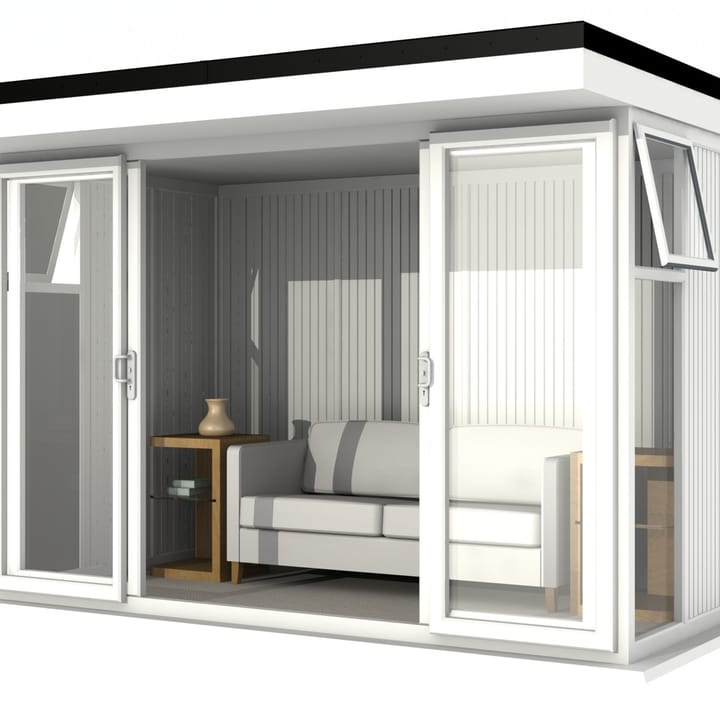 Nordic Broadway Flat 3.6m x 2.1m in White.

The Broadway Flat includes large double sliding doors to the front. A glass to ground window with a top opening vent is positioned in each end, towards the front.