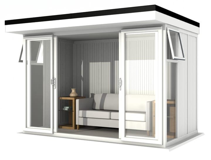 Nordic Broadway Flat 3.6m x 2.1m in White.

The Broadway Flat includes large double sliding doors to the front. A glass to ground window with a top opening vent is positioned in each end, towards the front.