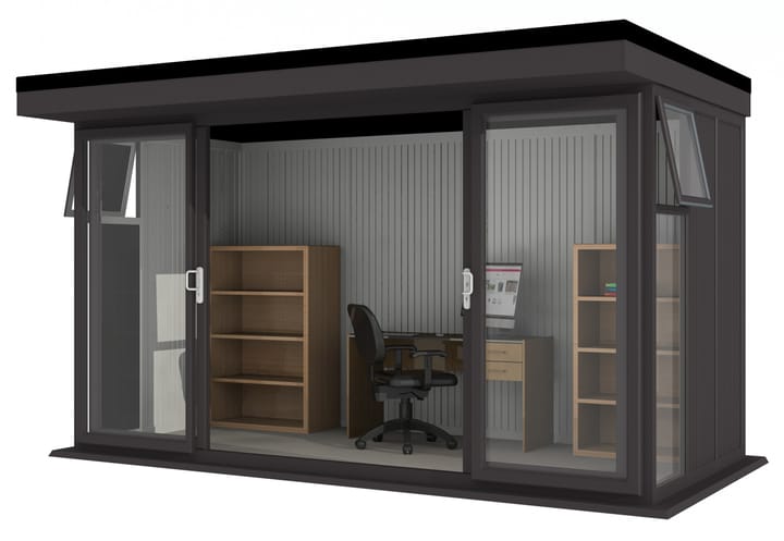 Nordic Broadway Flat 4.2m x 2.1m in Black.

The Broadway Flat includes large double sliding doors to the front. A glass to ground window with a top opening vent is positioned in each end, towards the front.