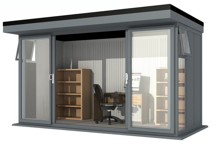 Nordic Broadway Flat 4.2m x 2.1m in Grey.

The Broadway Flat includes large double sliding doors to the front. A glass to ground window with a top opening vent is positioned in each end, towards the front.