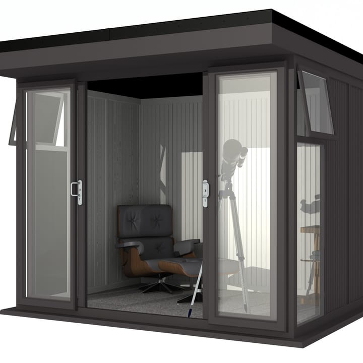 Nordic Broadway Flat 3m x 2.4m in Black.

The Broadway Flat includes large double sliding doors to the front. A glass to ground window with a top opening vent is positioned in each end, towards the front.