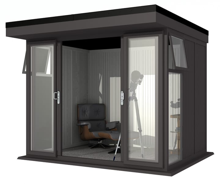 Nordic Broadway Flat Ultimate Package 3m x 2.4m in Black.

The Ultimate Package includes an insulated EPDM Leka Roof, Vinyl Flooring and a Concrete Base.

The Broadway Flat includes large double sliding doors to the front. A glass to ground window with a top opening vent is positioned in each end, towards the front.