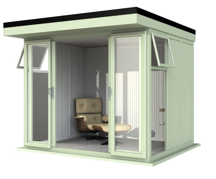 Nordic Broadway Flat 3m x 2.4m in Chartwell Green.

The Broadway Flat includes large double sliding doors to the front. A glass to ground window with a top opening vent is positioned in each end, towards the front.